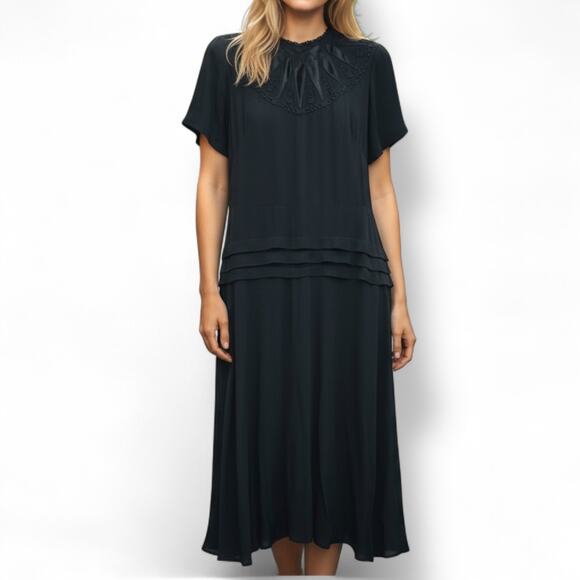 Apex Original 1940s Rayon Dress Sheer Black Embroidered Drop Waist Midi Sz M - Picture 1 of 8